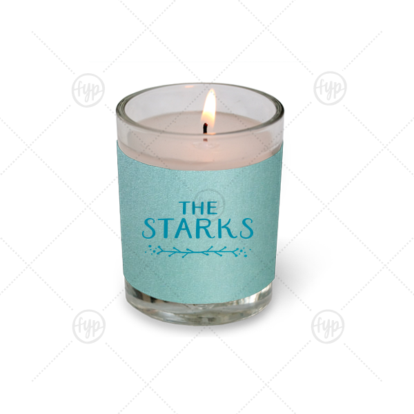 Leaf Vine Names Votive Candle | ForYourParty's elegant Stardream Tiffany Blue Votive Candle with Satin Teal / Peacock Foil Color has a Leaf Vine graphic and is good for use in Frames themed parties and will add that special attention to detail that cannot be overlooked.