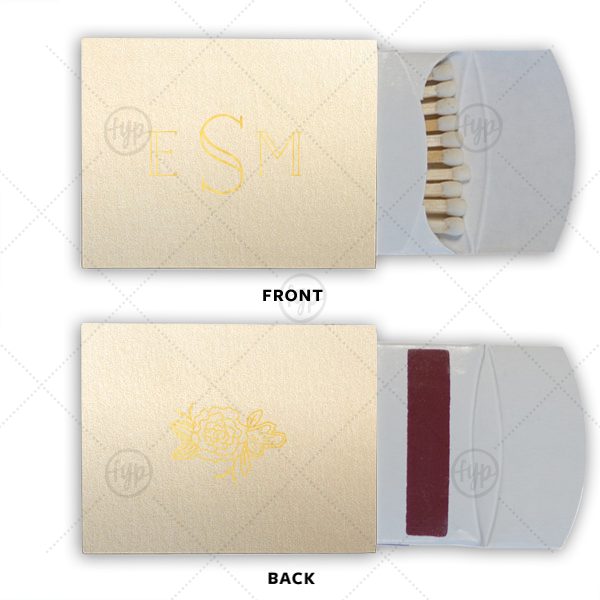 Monogram Flower Match | ForYourParty's personalized Stardream Ivory Pillow Matchbox with Shiny 18 Kt Gold Foil has a Peony Accent graphic and is good for use in Floral, Accents themed parties and can't be beat. Showcase your style in every detail of your party's theme!